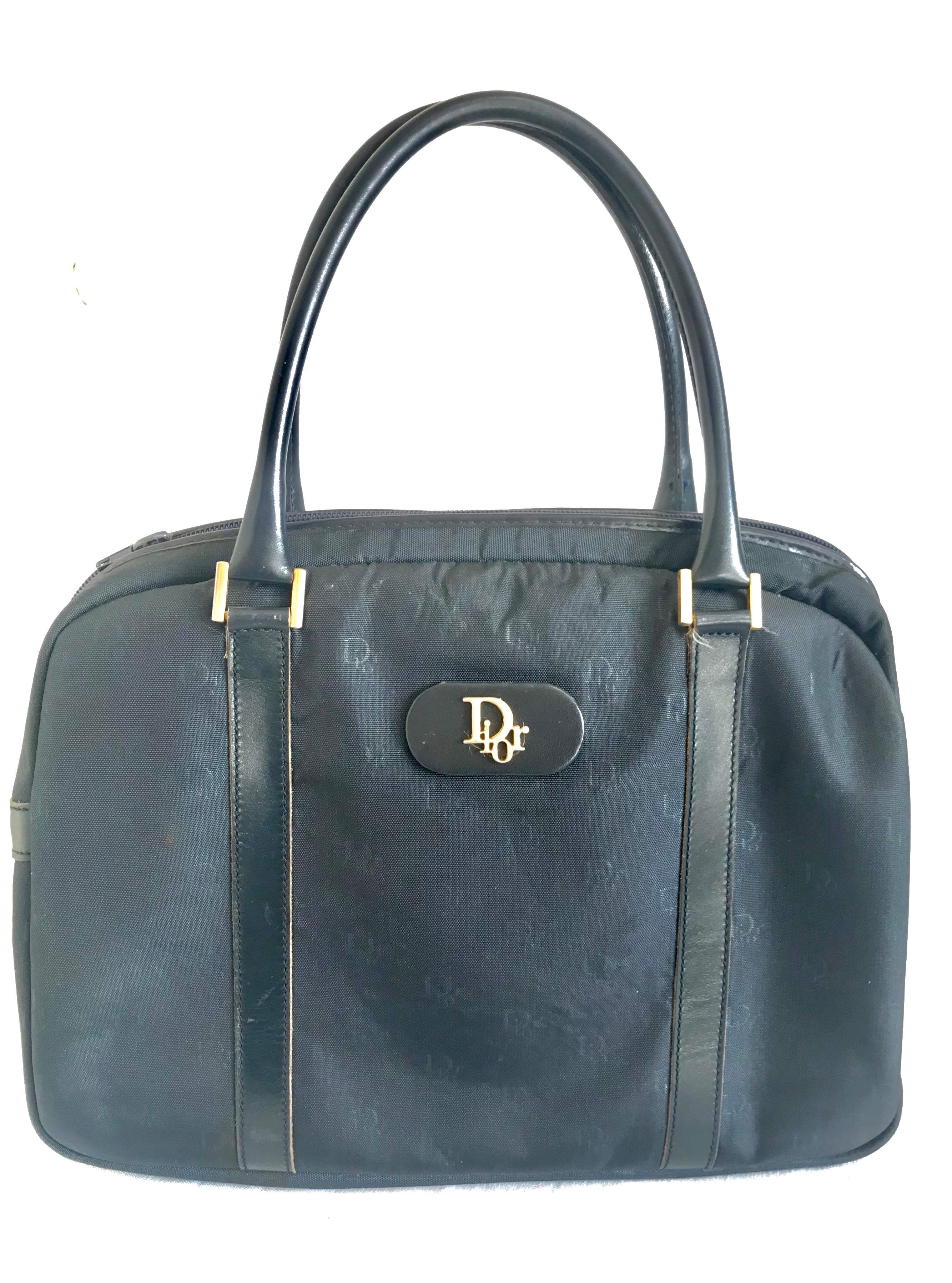 Vintage Christian Dior navy handbag with logo jacquard nylon and leather trimmings. Classic purse. 0506288e