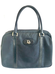Vintage Christian Dior navy handbag with logo jacquard nylon and leather trimmings. Classic purse. 0506288e