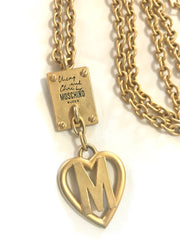 Vintage Moschino chain classic necklace with square plate and M logo heart pendant top.