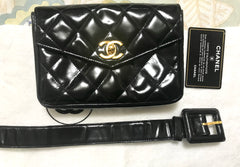 Vintage CHANEL black patent enamel leather waist purse, fanny pack with matching belt. Belt size 27.2” through 34.6”.(69cm through 88cm)