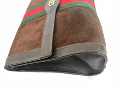 80's Vintage Gucci brown suede leather classic makeup, cosmetic, toiletry pouch, clutch purse with green and red webbing. Gucci Parfums.