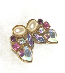 Vintage Yves Saint Laurent crystal and pearl earrings. YSL must have jewelry piece. Heart, pink, purple, pearl stones. 010312et