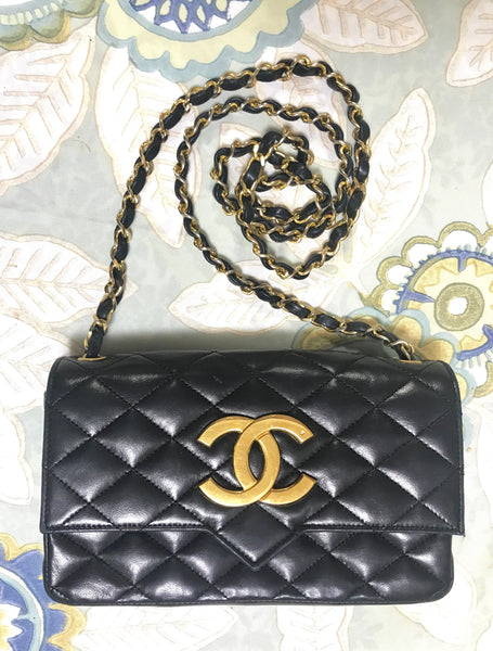 Chanel Classic Flap Clutch Vintage 80's Gold Cc Closure Black
