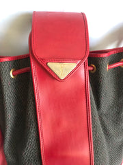 Vintage Yves Saint Laurent red and grey hobo bucket shoulder bag with leather trimmings and golden logo plate. YSL classic purse.