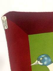 Vintage HERMES Carre silk scarf wine red, olive green, and various wild ducks, migratory birds print. Classic foulard. Perfect gift.