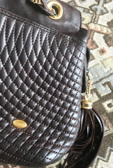 Vintage Bally quilted dark brown leather chain mix shoulder bag, tote bag with chain straps and a tassel to the zipper.