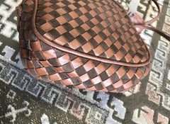 F2 Vintage Valentino Garavani brown intrecciato mini pouch style shoulder bag with V logo embossed pull. Classic purse.