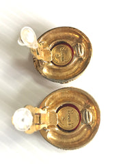 Vintage CHANEL golden frame and red round gripoix glass stone earrings with CC marks. Beautiful jewelry piece.