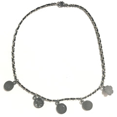 MINT. Vintage CHANEL skinny silver chain necklace with symbolic coin charms and black leather. Can be bracelet too. 060531r1