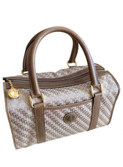 Vintage Gucci beige brown GG monogram jacquard and leather combo speedy design handbag with golden logo charm. Unisex use.