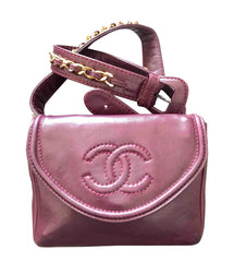 Vintage CHANEL wine fanny pack, leather belt bag with detachable chain belt and CC stitch mark on flap. Fits 29.5" -32.6" 070502re2