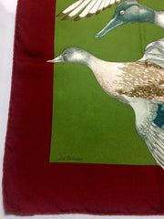 Vintage HERMES Carre silk scarf wine red, olive green, and various wild ducks, migratory birds print. Classic foulard. Perfect gift.