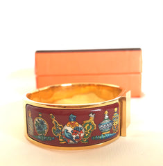 Vintage Hermes cloisonne enamel golden click and clack Flacon bangle with wine red and colorful perfume bottle design. Great gift idea. 050406r8