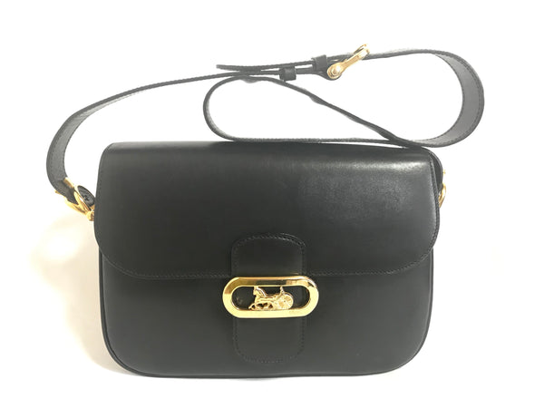 Vintage Celine black leather shoulder bag with golden logo and