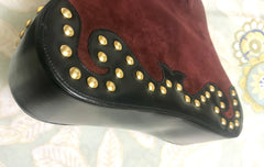 Vintage Christian Lacroix genuine wine brown suede leather sexy feminine shape bag with golden logo motif and studs. Hot purse. 0602062