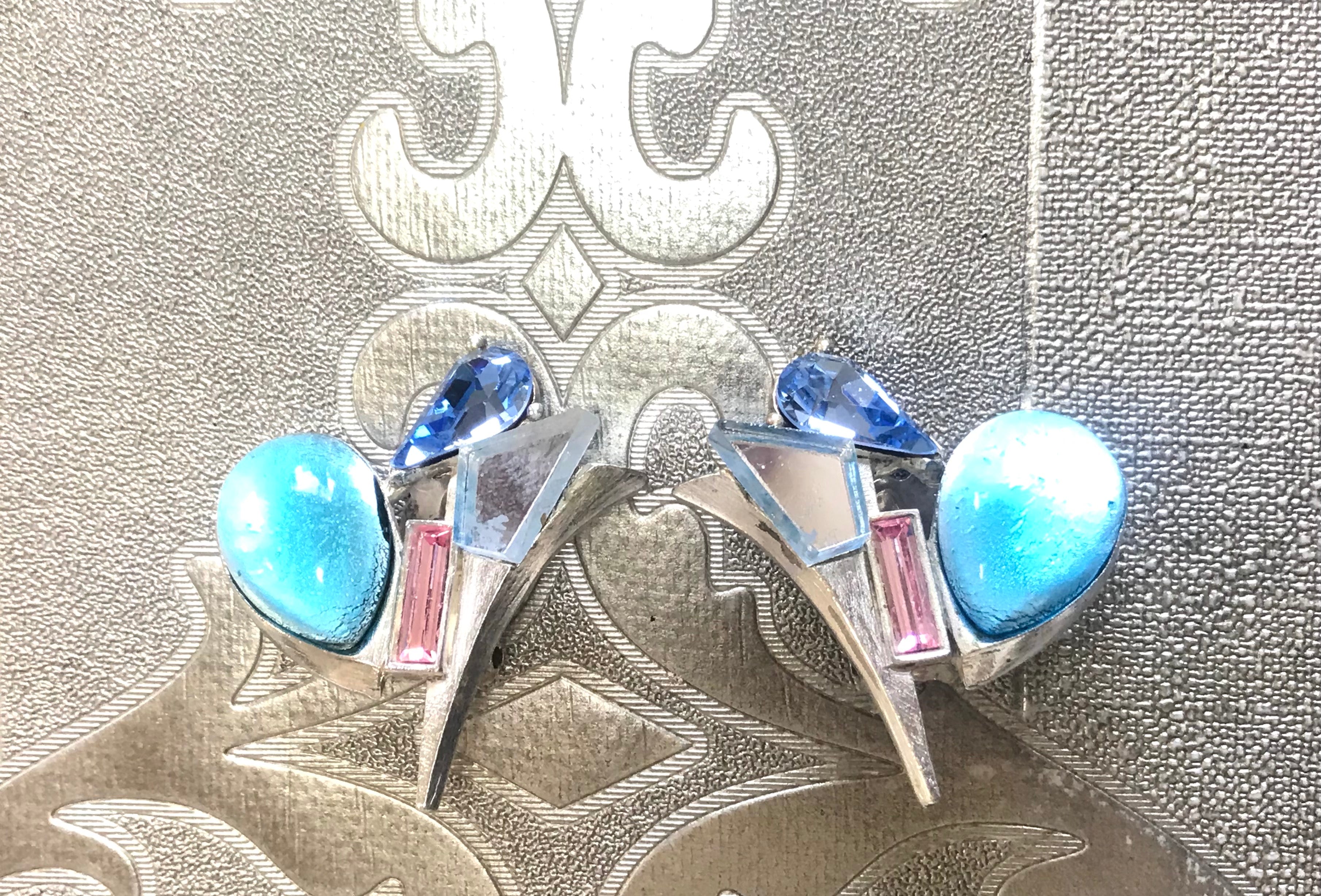 Vintage Christian Lacroix silver and blue earrings. Blue and pink crystal stones. Rare statement jewelry. Great gift. 0506302