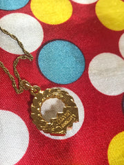 Vintage LANVIN golden skinny chain necklace with golden round pendant top. Clear crystals and green glass stone. Perfect jewelry gift.