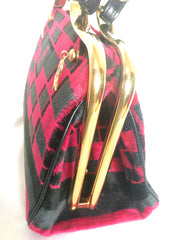 Vintage Roberta di Camerino wine red, grey, and black geometric pattern velvet handbag with golden logo charms. 060905r6