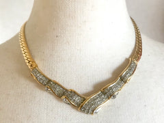 Vintage Givenchy thick and flat golden chain layered design statement necklace with clear rhinestone crystal stones. Paris, New York, Audrey