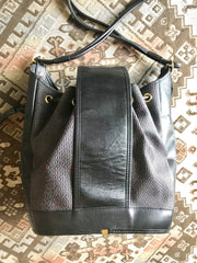 Vintage Yves Saint Laurent black and purple hobo bucket shoulder bag with leather trimmings and golden logo plate. YSL classic purse.