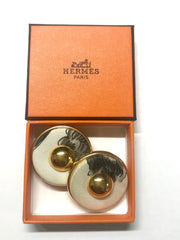Vintage HERMES golden round earrings with white silk fabric frames. Classic jewel piece. 060616r2
