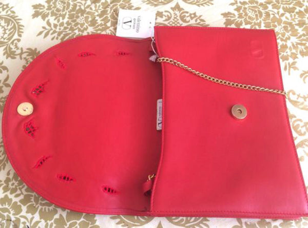 Valentino V Logo Chain Leather Shoulder Bag in Red