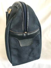 Vintage Christian Dior navy handbag with logo jacquard nylon and leather trimmings. Classic purse. 0506288e