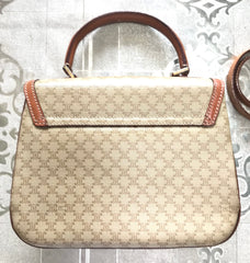 Vintage Celine beige macadam blaison handbag with brown leather trimming. Classic purse. Shoulder bag.