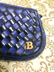 Vintage Bally black and blue enamel intrecciato design leather clutch purse, mini bag. Unique purse with golden B logo charm.