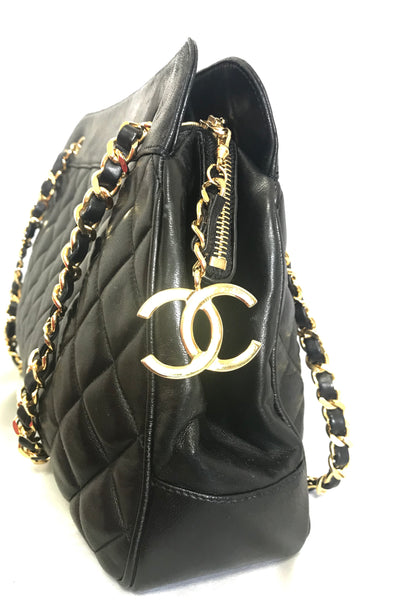 Chanel CC Tote Bag Black Lambskin Gold Chain Vintage 1990s 