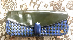 Vintage Bally black and blue enamel intrecciato design leather clutch purse, mini bag. Unique purse with golden B logo charm.