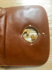 Vintage Gucci brown leather micro GG print shoulder bag with iconic golden large round GG motif. Rare masterpiece purse.