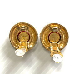 Vintage CHANEL golden frame and red round gripoix glass stone earrings with CC marks. Beautiful jewelry piece.