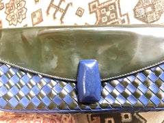 Vintage Bally black and blue enamel intrecciato design leather clutch purse, mini bag. Unique purse with golden B logo charm.