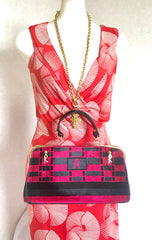 Vintage Roberta di Camerino wine red, grey, and black geometric pattern velvet handbag with golden logo charms. 060905r6