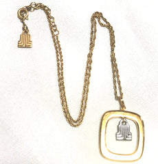 Vintage LANVIN golden skinny chain necklace with square and silver logo charm pendant top. Must have classic vintage jewelry piece. 050407r1