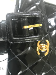 Vintage CHANEL black patent enamel leather waist purse, fanny pack with matching belt. Belt size 27.2” through 34.6”.(69cm through 88cm)