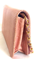 Vintage CHANEL milky pink genuine lizard leather 2.55 shoulder bag with golden CC mark and and chain strap. Rare masterpiece. 050323re10