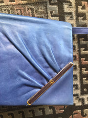 Vintage Valentino Garavani blue leather clutch shoulder bag with brown and golden logo plate at front. Gathered design.