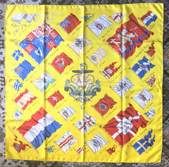 Vintage HERMES Carre large yellow silk scarf with red, blue, and white flag print. Best foulard. PAVOIS.