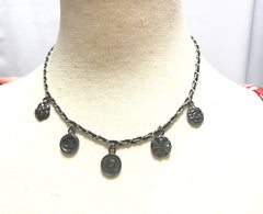 MINT. Vintage CHANEL skinny silver chain necklace with symbolic coin charms and black leather. Can be bracelet too. 060531r1