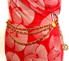 80's Vintage CHANEL red leather and chain belt with golden CC charms. Must-have belt from CHANEL. Triple layer belt.