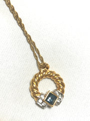 Vintage LANVIN golden skinny chain necklace with golden round pendant top. Clear crystals and green glass stone. Perfect jewelry gift.