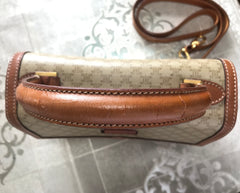 Vintage Celine beige macadam blaison handbag with brown leather trimming. Classic purse. Shoulder bag.