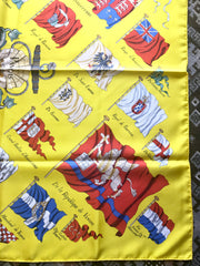 Vintage HERMES Carre large yellow silk scarf with red, blue, and white flag print. Best foulard. PAVOIS.