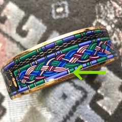 Vintage Hermes golden enamel and cloisonne bangle, bracelet with blue, purple, green etc. Scissors and woven tape motifs.