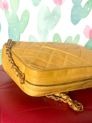 Ves Vintage Chanel yellow lambskin camera bag style chain shoulder bag with fringe and CC stitch mark. Good daily purse. Good fortune color.