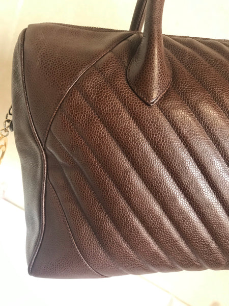Vintage CHANEL brown caviarskin v stitch, chevron style bag