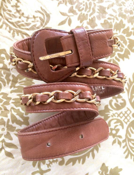 Leather belt with gold-toned buckle - Brown