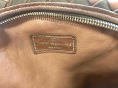 F2 Vintage Valentino Garavani brown intrecciato mini pouch style shoulder bag with V logo embossed pull. Classic purse.